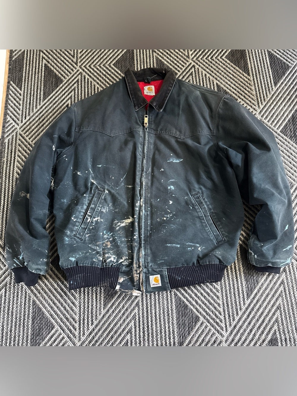 Vtg Carhartt Distressed Jacket Mens XL Black Santa Fe Red Quilted Liner 90s